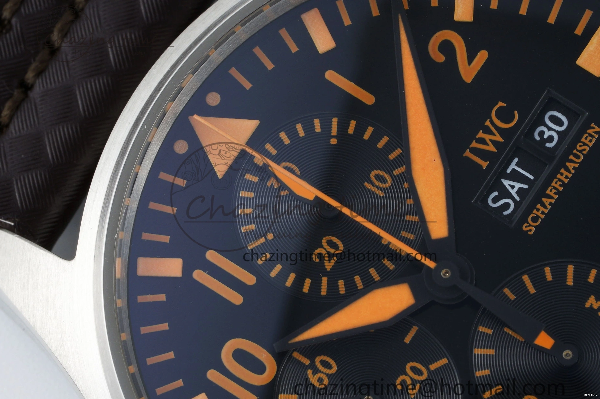 MIROTIME 0118 Pilot Chrono SS AZF 1:1 Best Edition Black Dial Orange Markers on Brown Leather Strap A EasyCare 7065